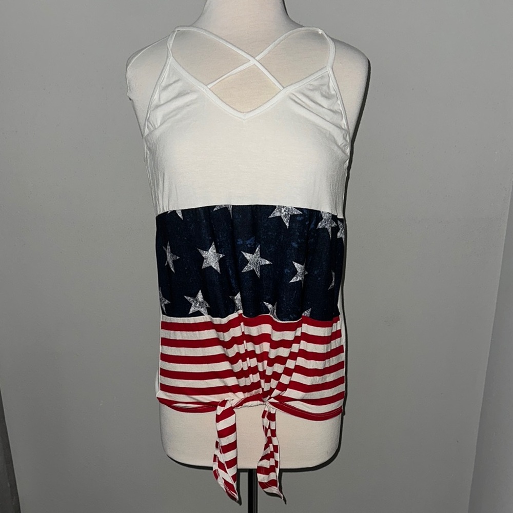 BiBi White and Blue Sleeveless Tie Front Tank Top